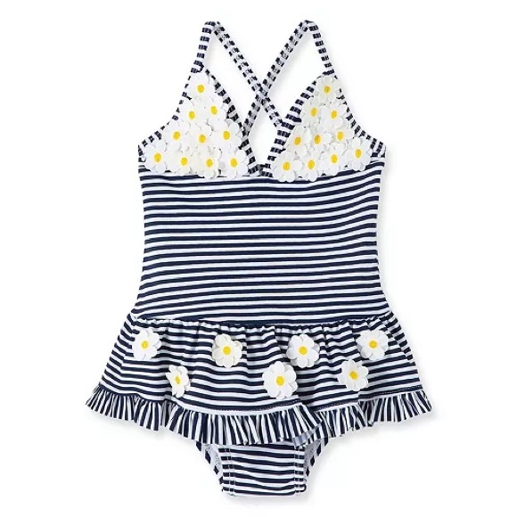 Little Me Other - Little Me Navy and White Gingham Swimsuit with Daisy Details